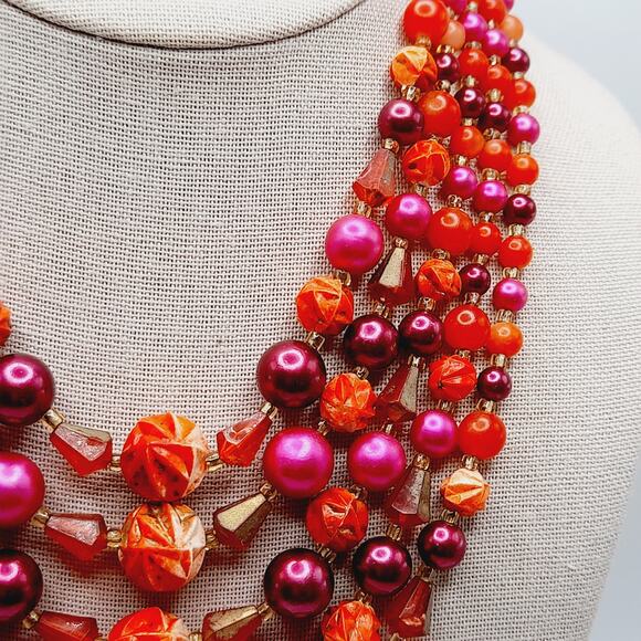 Vintage Japan 1950s 5 Strand Red Pink Beaded Necklace 17” Signed Hook - Picture 5 of 12